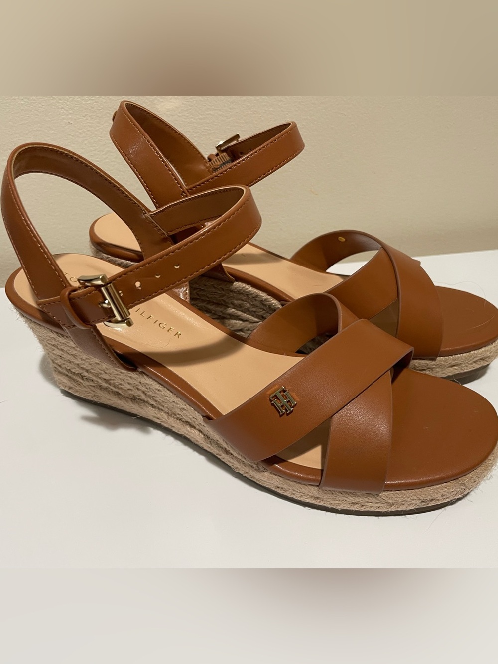 Tommy Hilfiger Cognac Leather Espadrille Wedge Sandals